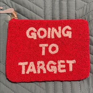 Red Beaded Pouch with White Text